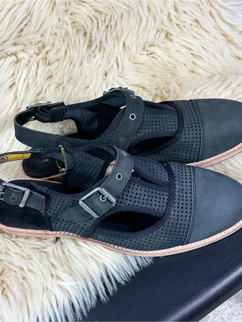 Perforated Black Slingback Mules with Buckle Detail